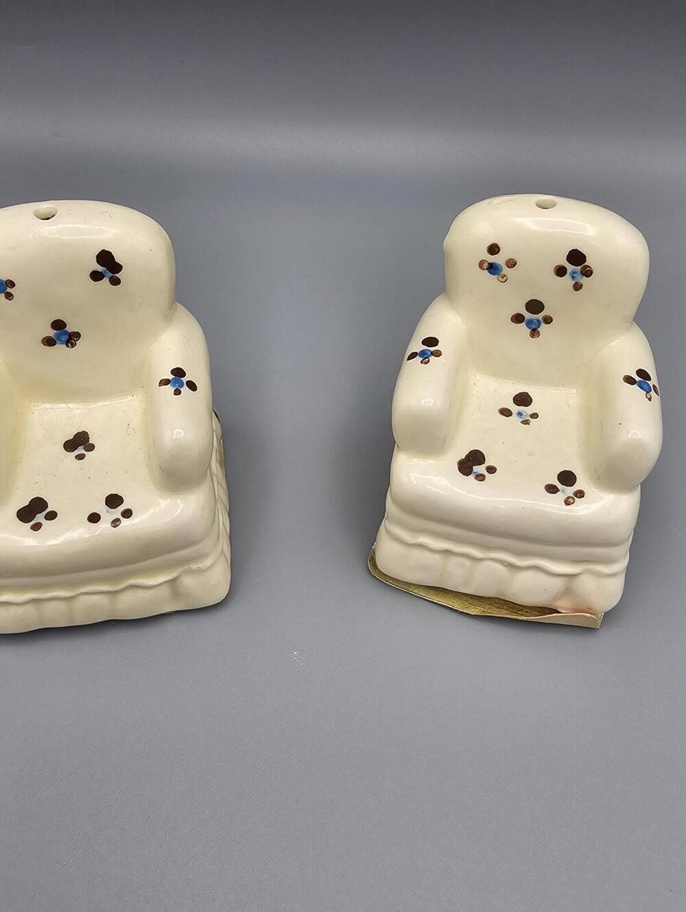 Pair of Ceramic Armchair Salt and Pepper Shakers with Floral Dot Design